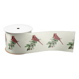 Red Christmas Cardinal with Greenery Satin Ribbon