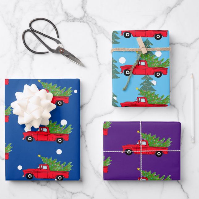 red christmas cars truck tree pickup gift wrapping paper sheet (Front)