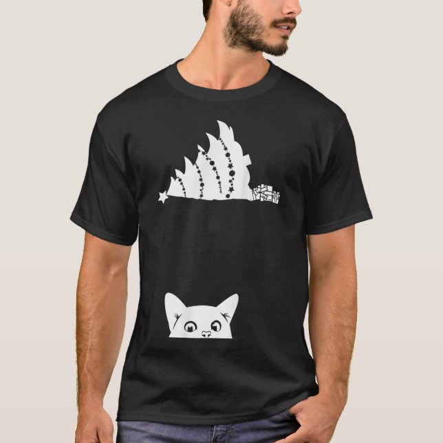 Red Christmas Cat Tipping Xmas Tree Over Meowy Cat T-Shirt (Front)