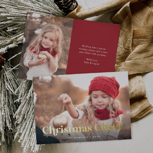 Red Christmas Cheer Two Photo Gold Foil Holiday Card
