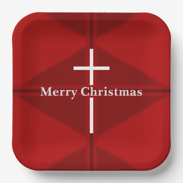 Red Christmas Christian Cross Paper Plate (Front)