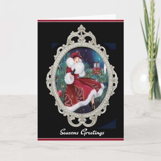 Red Christmas Coat Vintage Flapper Girl Holiday Card (Front)