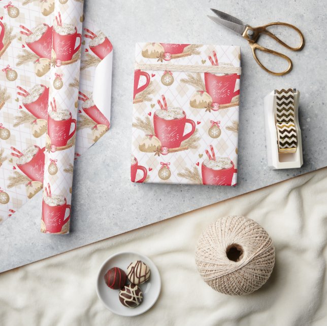 Red Christmas Cocoa Mug Pattern Wrapping Paper (Crafts)
