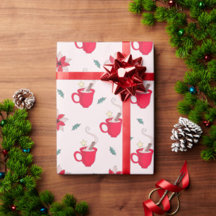 Red Christmas Coffee Cup   sprigs of holly Wrapping Paper