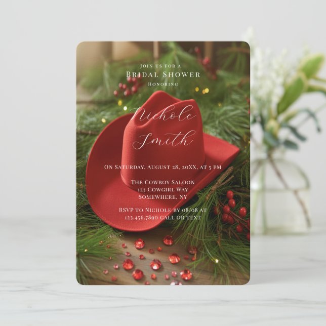 Red Christmas Cowboy Hat Bridal Shower Invitation (Standing Front)