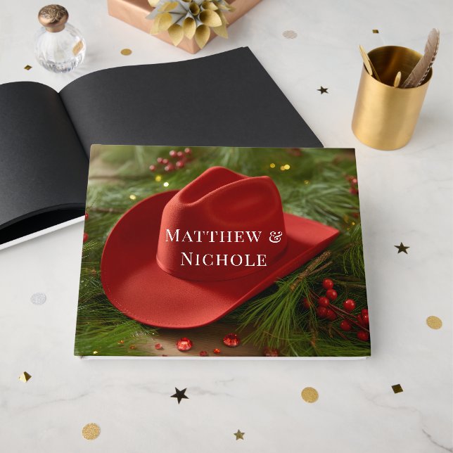Red Christmas Cowboy Hat Wedding Guest Book (Front Open)