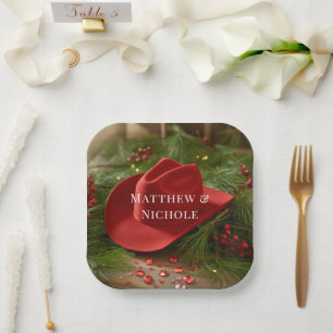 Red Christmas Cowboy Hat Wedding Paper Plate