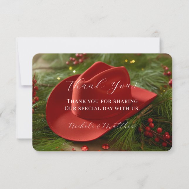 Red Christmas Cowboy Hat Wedding Thank You Card (Front)