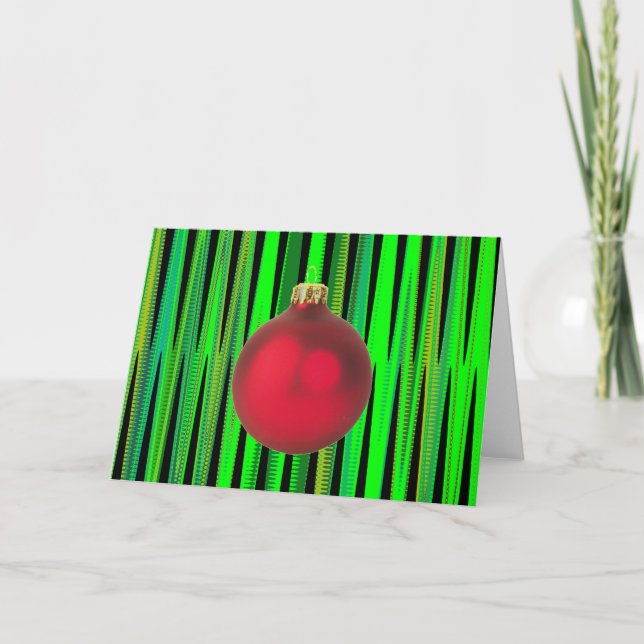 Red Christmas Decoration Green Graphic Background Holiday Card (Front)