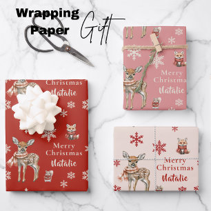 Red Christmas Deer & Fox Personalised Wrapping Paper Sheet