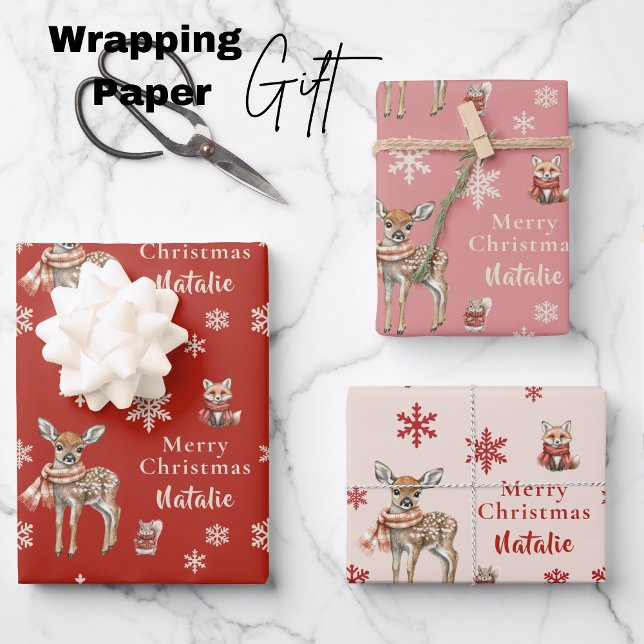 Red Christmas Deer & Fox Personalised Wrapping Paper Sheet (Red Christmas Deer & Fox Personalized Wrapping Paper Sheets)
