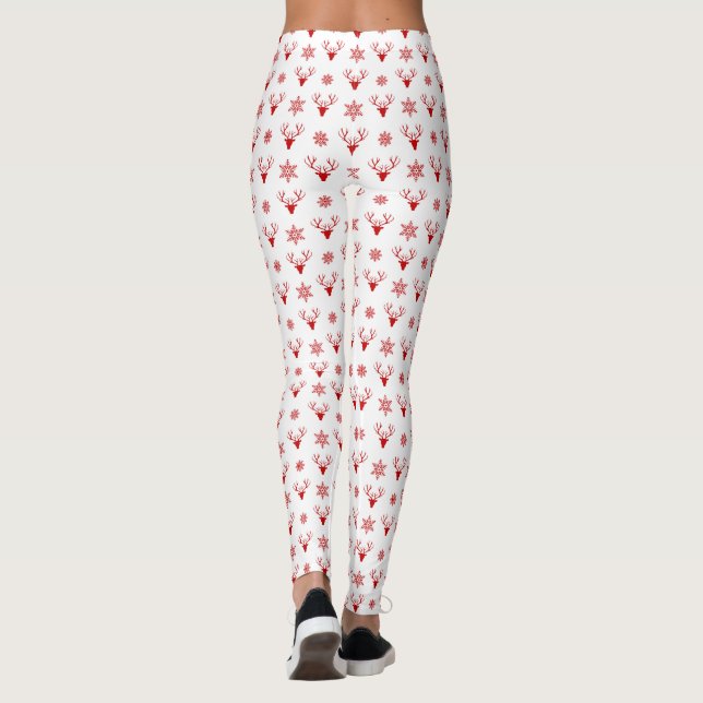 Red Christmas Deer Heads with Snowflakes Pattern Leggings (Back)
