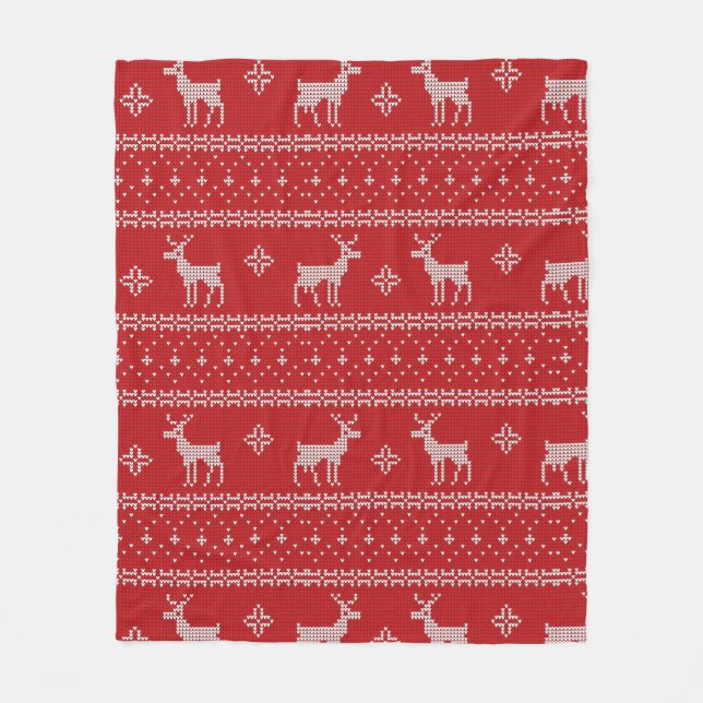 Red Christmas Deer Sweater Knit Christmas Blanket (Front)