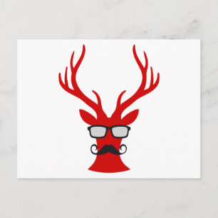 Red Christmas deer with moustache and nerd glasses Holiday Postcard