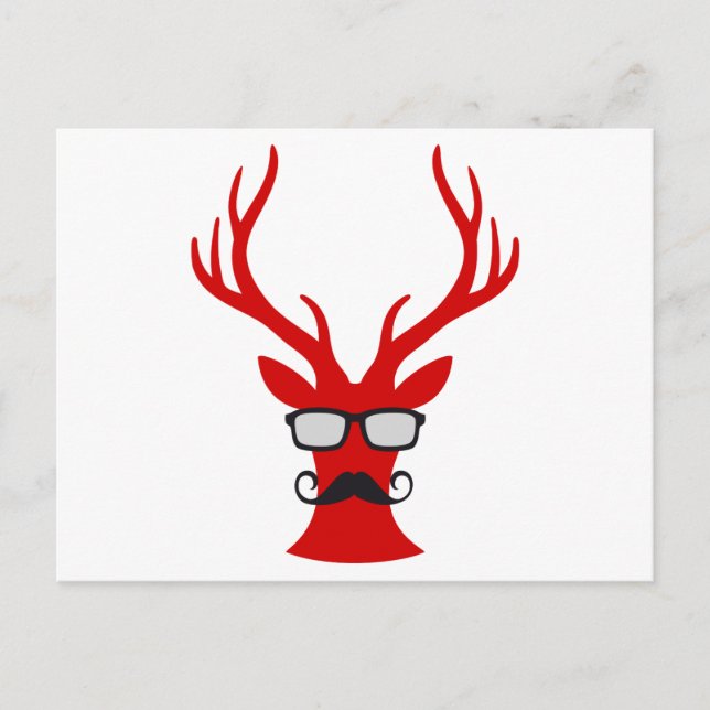 Red Christmas deer with moustache and nerd glasses Holiday Postcard (Front)