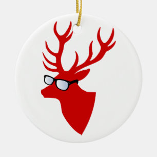 Red Christmas deer with nerd glasses Ceramic Tree Decoration