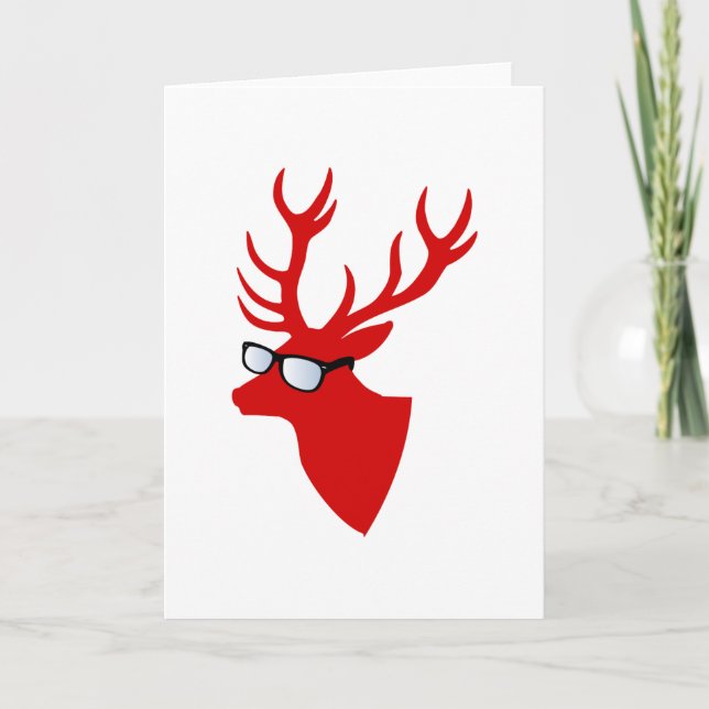 Red Christmas deer with nerd glasses Holiday Card (Front)