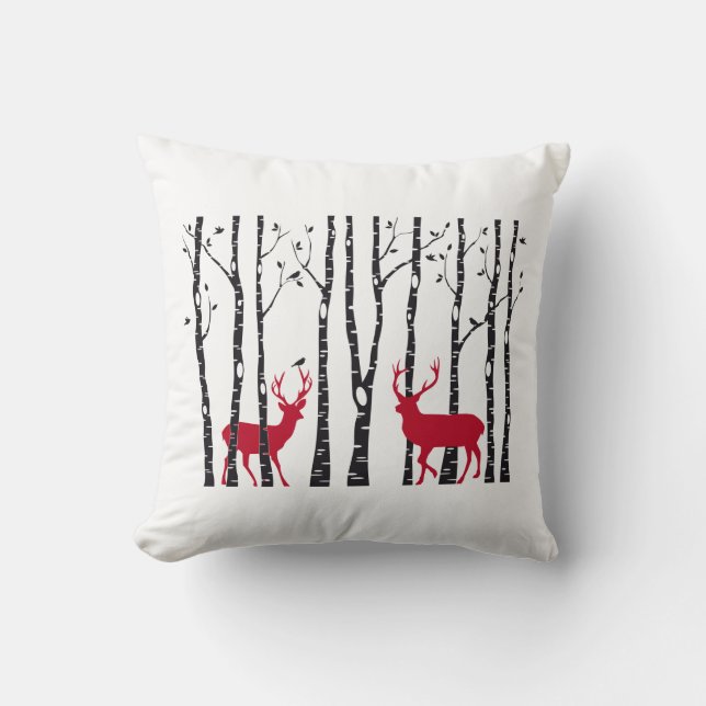 Red Christmas deers in birch tree forest Cushion (Front)