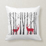 Red Christmas deers in birch tree forest Cushion<br><div class="desc">Red Christmas deers in birch tree forest with birds</div>