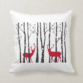 Red Christmas deers in birch tree forest Cushion