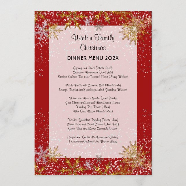 Red Christmas Dinner Menu Gold Snowflakes (Front)