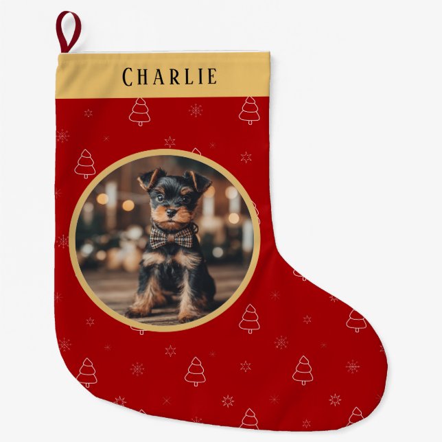 Red Christmas Dog Name Holiday Keepsake Large Christmas Stocking (Front)