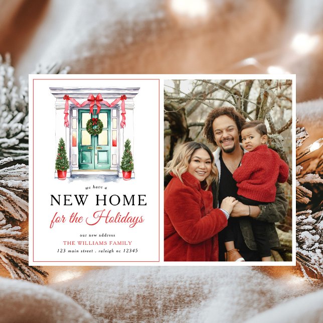 Red Christmas Door New Home Photo Holiday Moving Announcement (Creator Uploaded)
