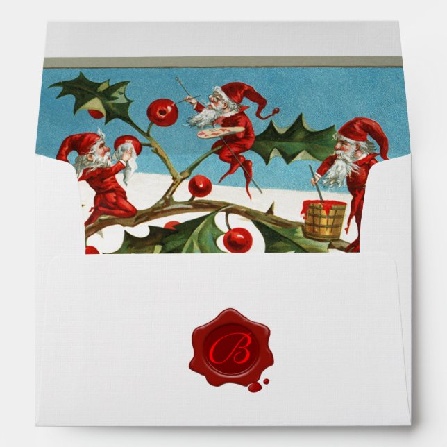 RED CHRISTMAS ELVES,HOLLYBERRIES Wax Seal Monogram Envelope (Back (Bottom))