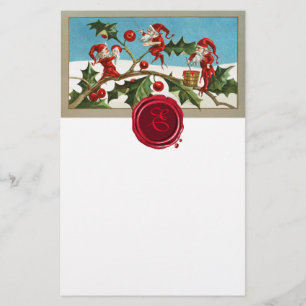 RED CHRISTMAS ELVES,HOLLYBERRIES Wax Seal Monogram Stationery