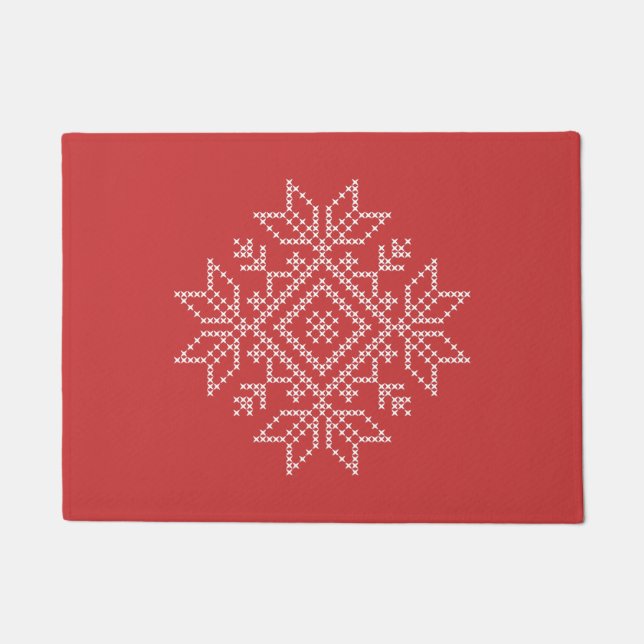 Red christmas embroidery snowflake art seasonal  doormat (Front)
