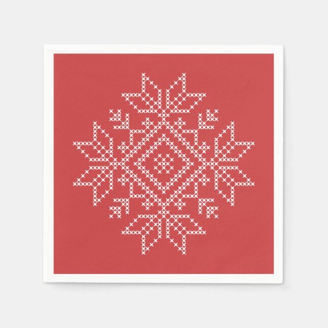 Red christmas embroidery snowflake art seasonal napkin (Front)