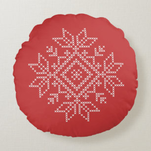 Red christmas embroidery snowflake art seasonal  round cushion
