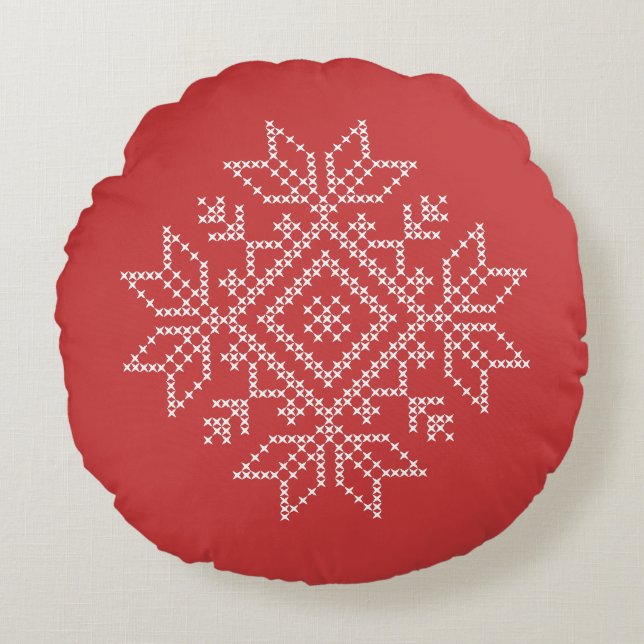 Red christmas embroidery snowflake art seasonal  round cushion (Front)