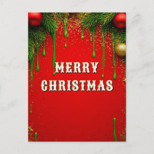 Red Christmas Evergreen Branches And Gold Ornament Postcard