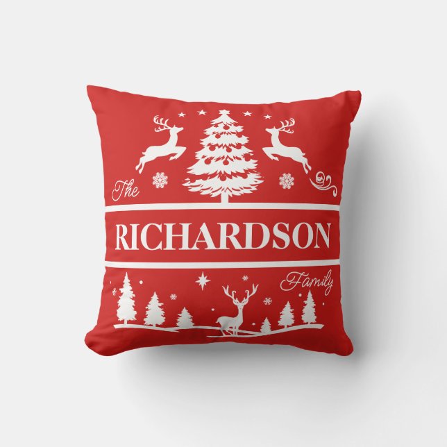 Red Christmas Family Name | Custom Name Monogram Cushion (Front)