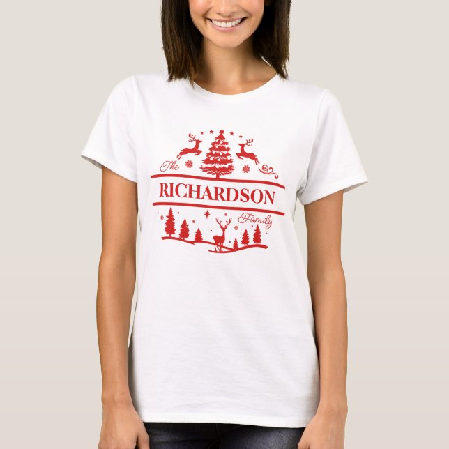 Red Christmas Family Name | Custom Name Monogram T-Shirt (Front)
