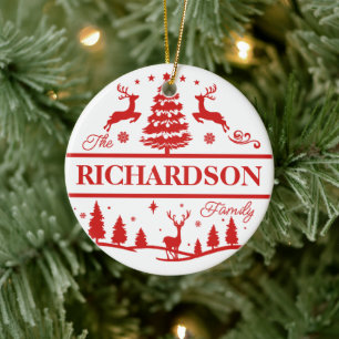 Red Christmas Family Name   Monogram   Custom Name Ceramic Tree Decoration