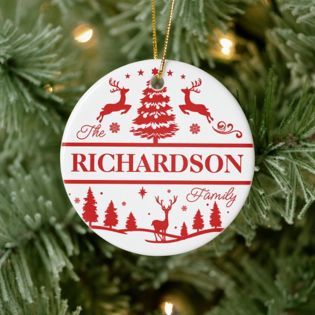 Red Christmas Family Name | Monogram | Custom Name Ceramic Tree Decoration (Tree)