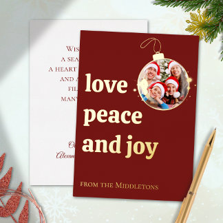Red Christmas Family Photo Love Peace Joy Gold Foil Holiday Card