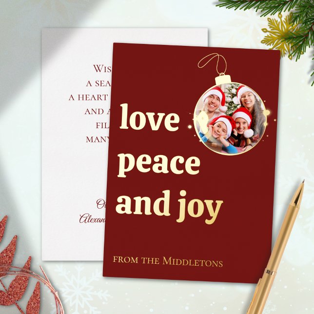 Red Christmas Family Photo Love Peace Joy Gold Foil Holiday Card (Creator Uploaded)