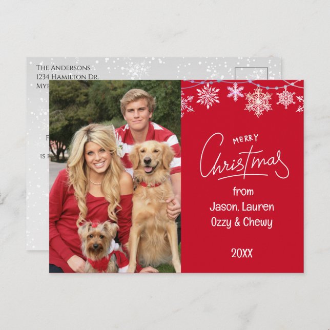 Red Christmas Family Photo Pets Message Holiday Postcard (Front/Back)