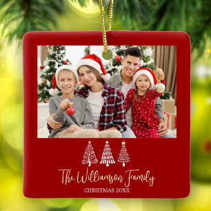 Red Christmas Family Photo Trees Whimsical Script Ceramic Ornament