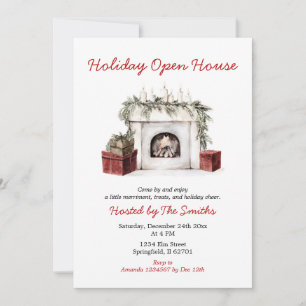 Red Christmas Fireplace Holiday Open House Party Invitation