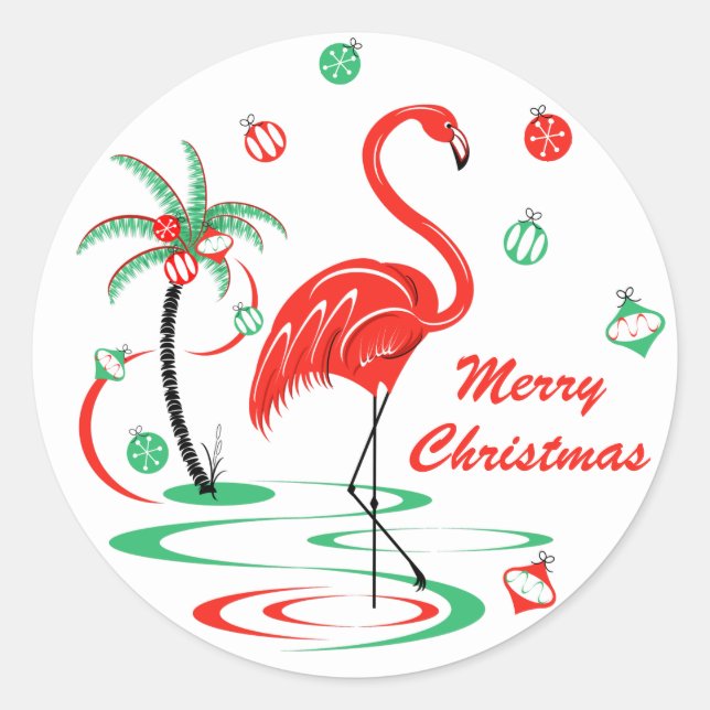 Red Christmas Flamingo Baubles Christmas round Classic Round Sticker (Front)