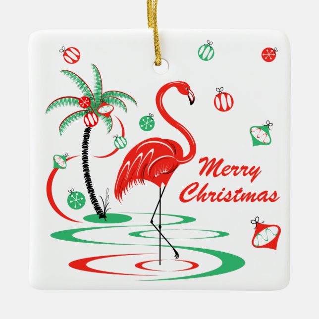 Red Christmas Flamingo Baubles Christmas square Ceramic Ornament (Front)