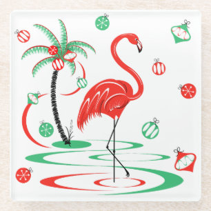 Red Christmas Flamingo Baubles coaster glass