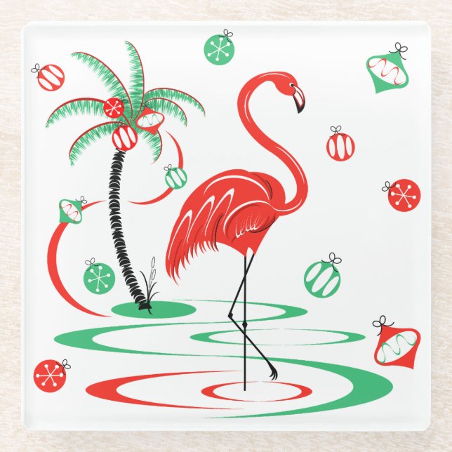 Red Christmas Flamingo Baubles coaster glass (Front)