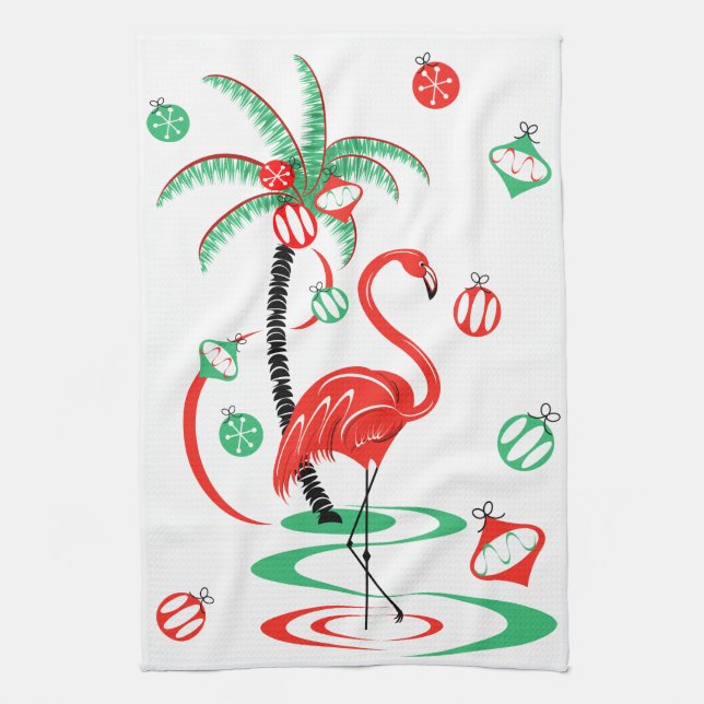 Red Christmas Flamingo Baubles kitchen towel (Vertical)