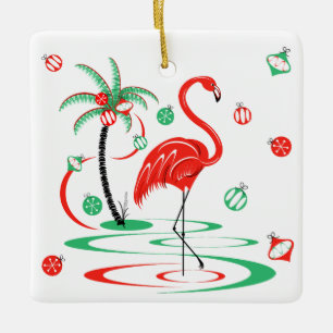 Red Christmas Flamingo Baubles square Ceramic Ornament