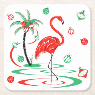 Red Christmas Flamingo Baubles square Square Paper Coaster